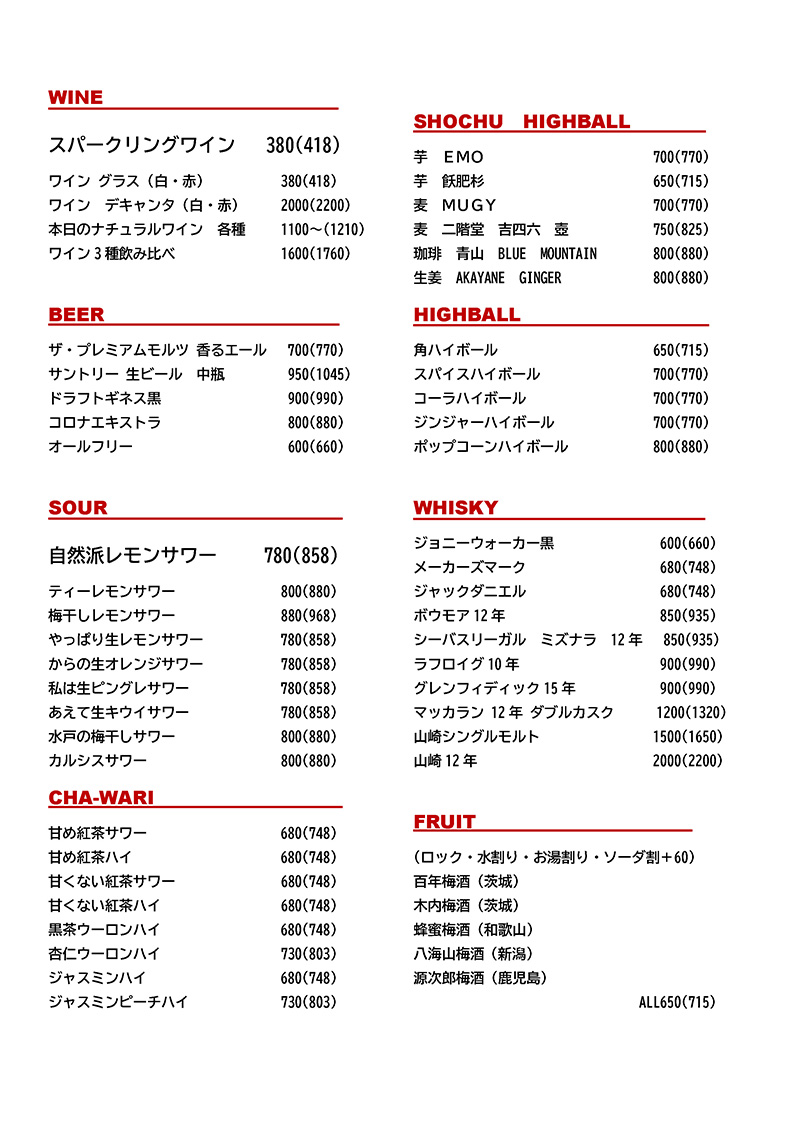 ドリンクメニューA